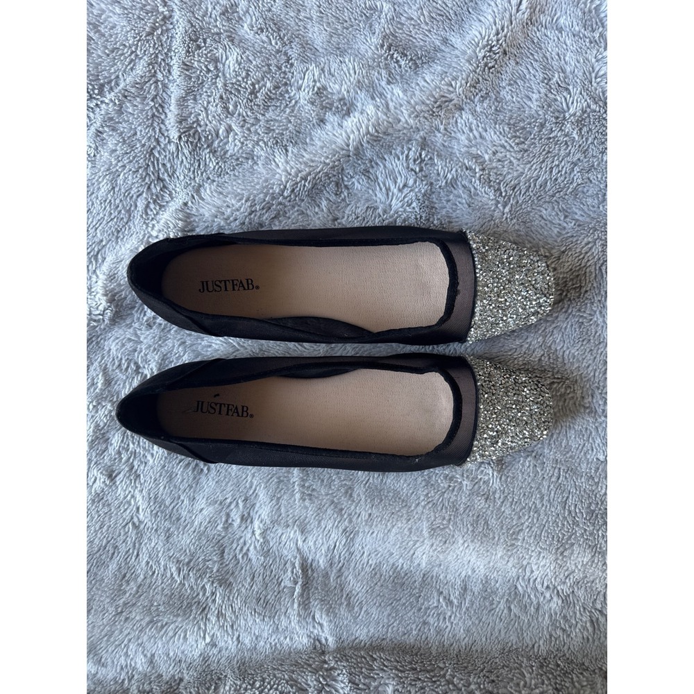 JustFab Crystal Black Mesh Glitter Cap Toe Ballet Flats Womens Size 8.5 - Picture 1 of 6